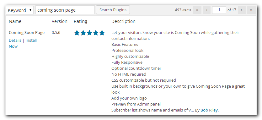 Coming Soon plugin search in Wordpress