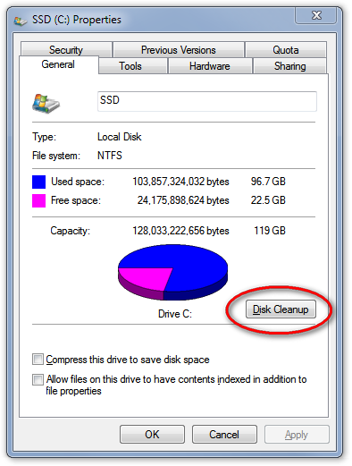 Disk cleanup button