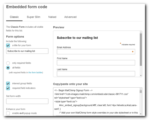 Embedded form in Mailchimp