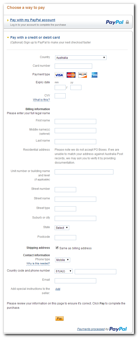 Paypal checkout using credit card