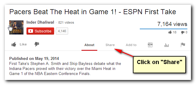 Clicking on the Share link on YouTube
